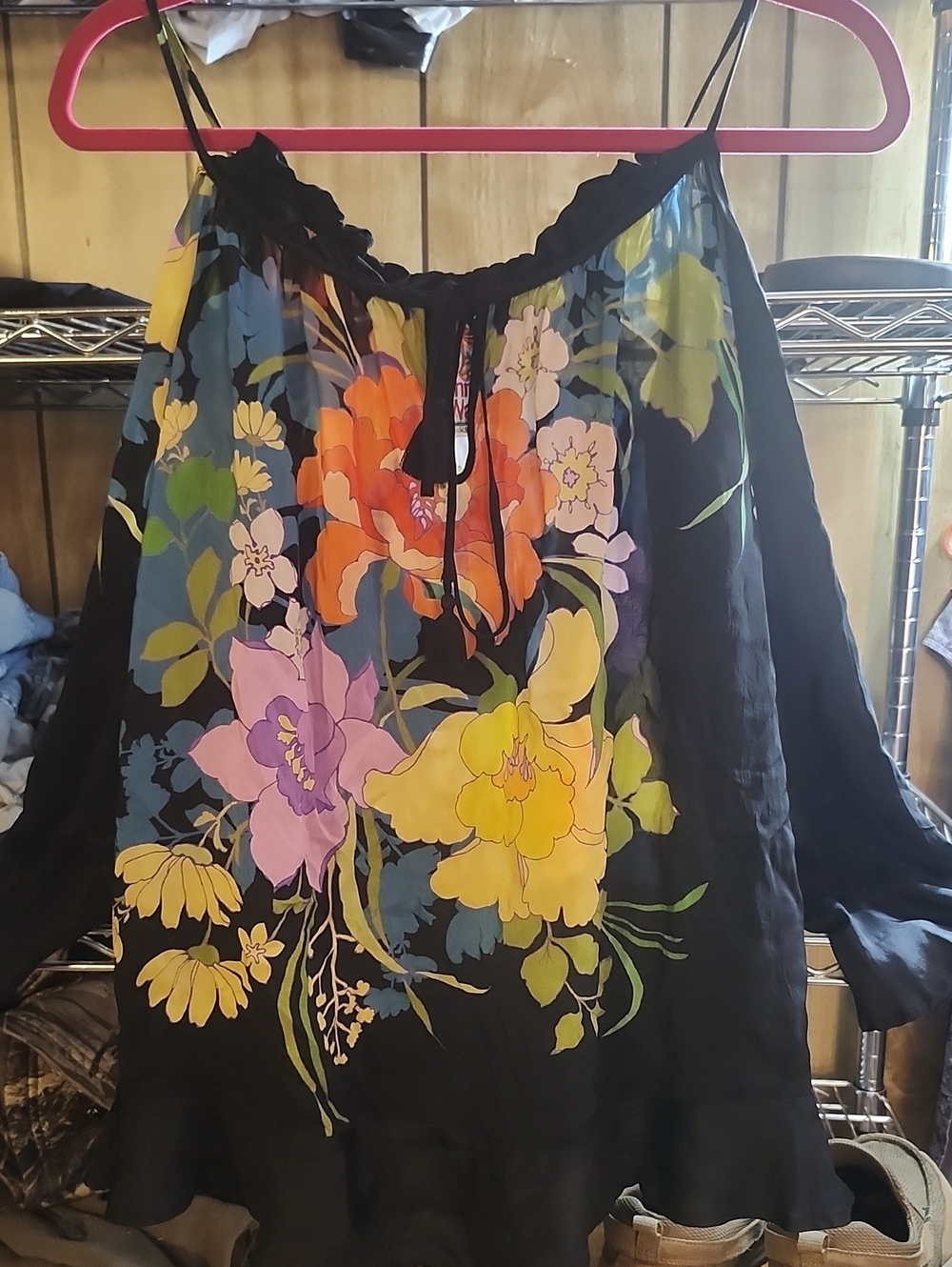 Johnny Was Black Floral Cold Shoulder with Yellow, Orange & Purple Blooms Blouse